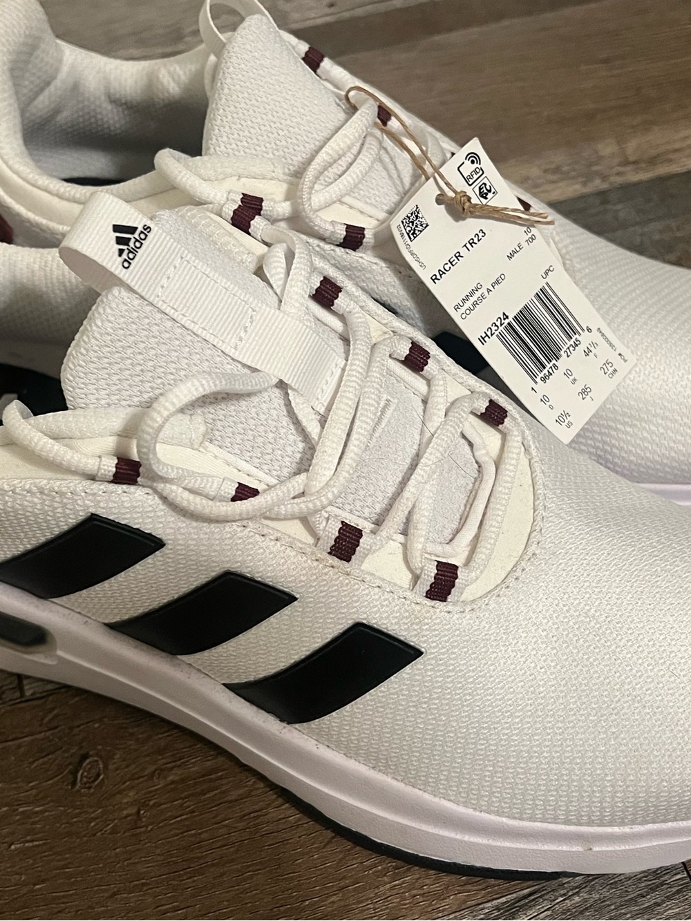 adidas White Sneakers with Black Stripes and Maroon Accents mens size 10
